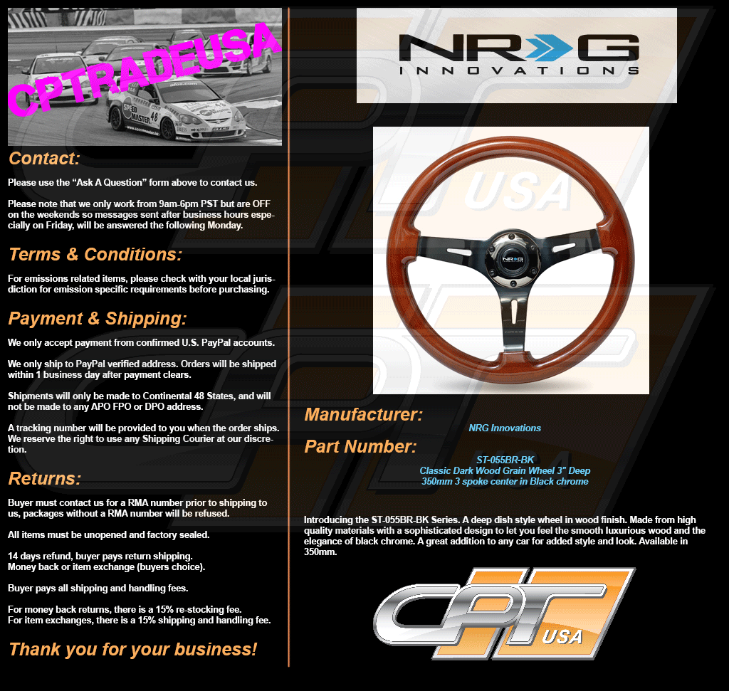NRG Steering Wheel Classic Dark Wood Grain 350mm Blackchrome 3" Deep St 055BR BK